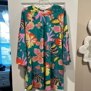 Teal Floral Mini Dress with Pink & Yellow Accents